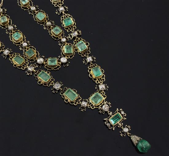 An antique gold and silver, emerald and diamond set demi-parure, necklace 20.5in.